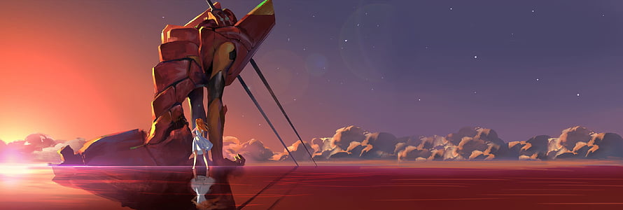 Eva Unit 01 and Asuka Langley at Sunset on a Reflective Sea HD wallpaper