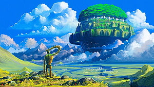 Studio Ghibli Floating Castle and Ancient Statue in Vibrant Fantasy Landscape HD wallpaper