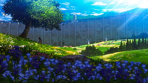 Attack on Titan Wall Scenery with Lush Green Hills and Blue Flowers HD wallpaper