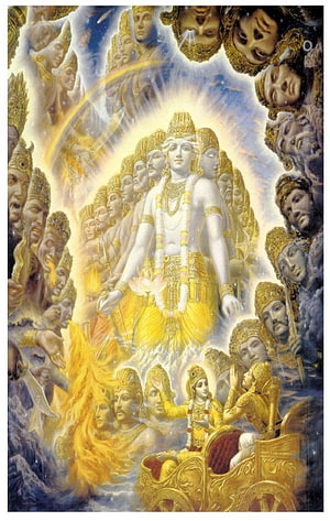 Lord Krishna Virat Roop Divine Multi-Headed Form with Radiant Golden Aura HD phone wallpaper