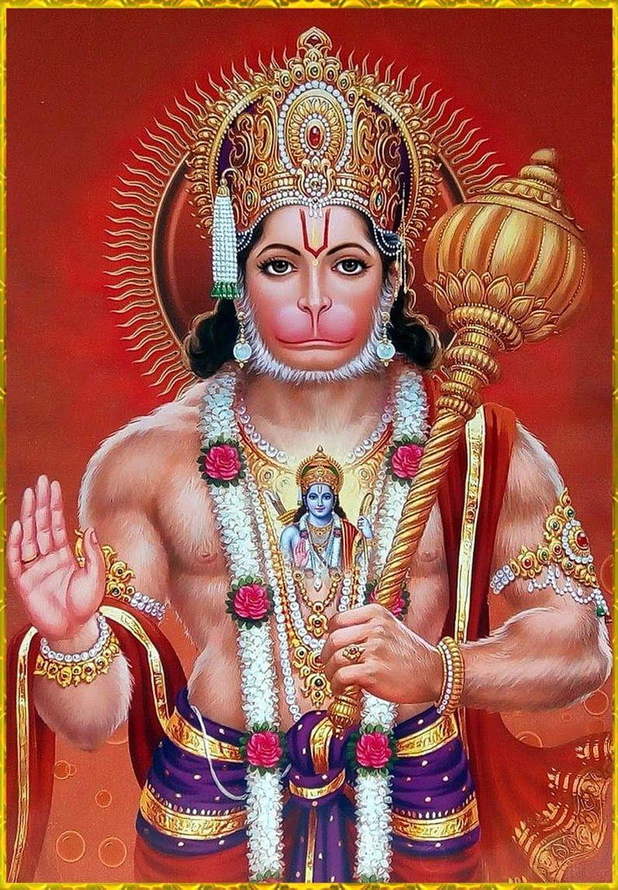 Lord Hanuman Devotional Portrait with Gada and Radiant Crown HD phone wallpaper