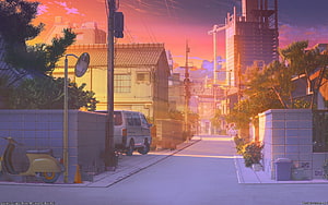 Anime Japanese Neighborhood Street at Golden Hour with Van and Scooter HD wallpaper