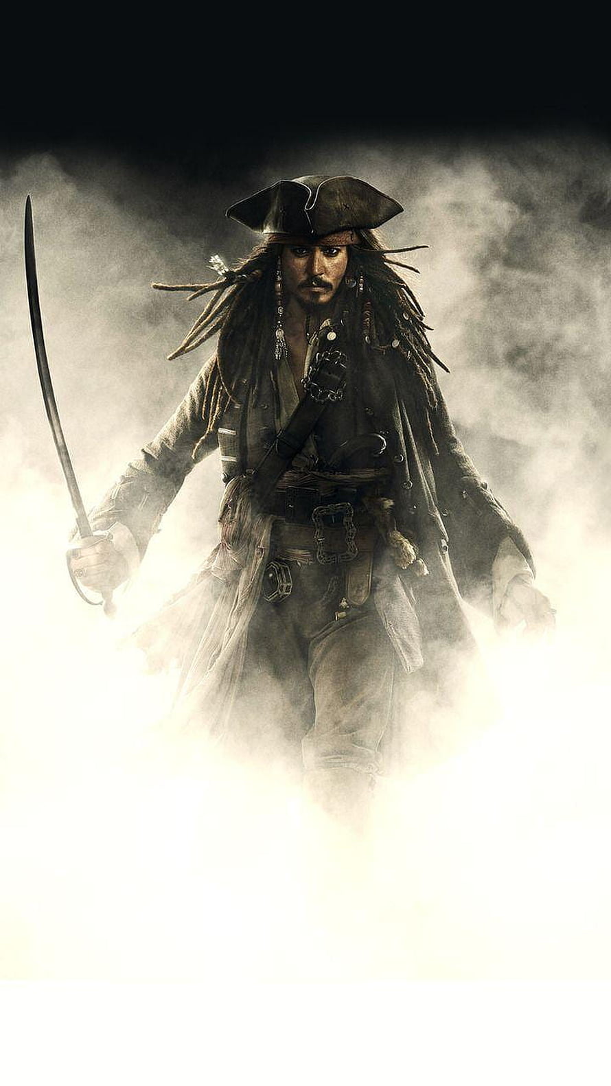 Captain Jack Sparrow in Dramatic Mist Holding a Cutlass HD phone wallpaper