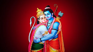 Lord Rama and Hanuman in a Tender Embrace on a Deep Red Background, Shree Ram and Hanuman Hug, lord hanuman 3d HD wallpaper