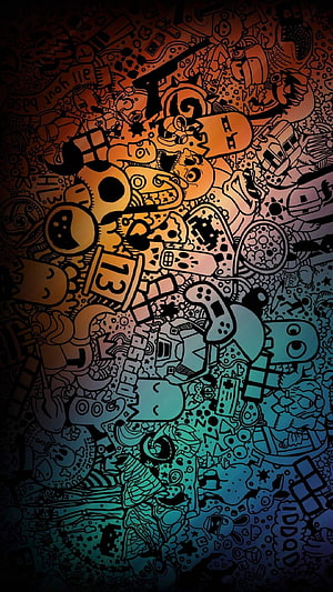 Dense Doodle Art with Retro Gaming Icons and Vibrant Gradient Colors HD phone wallpaper