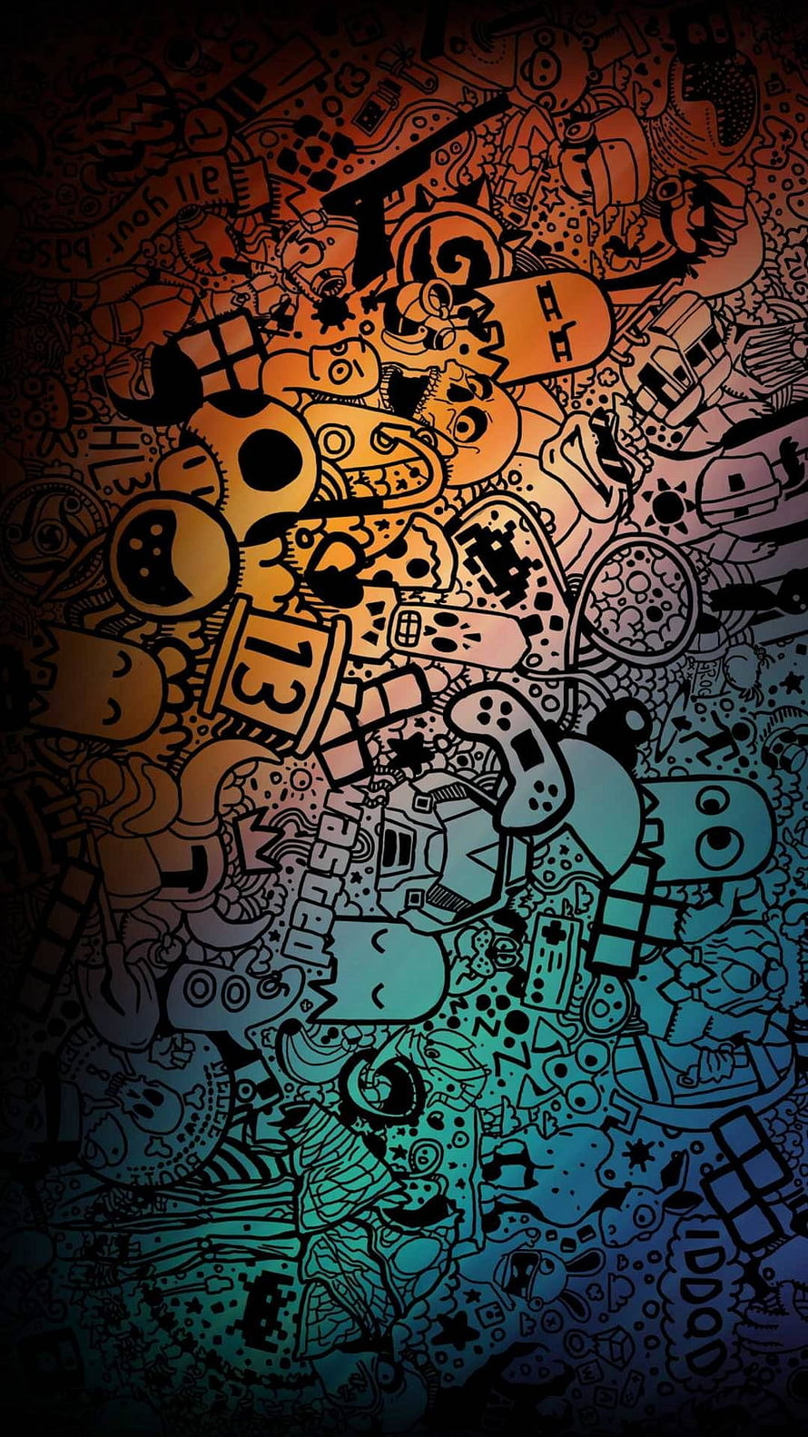Dense Doodle Art with Retro Gaming Icons and Vibrant Gradient Colors HD phone wallpaper