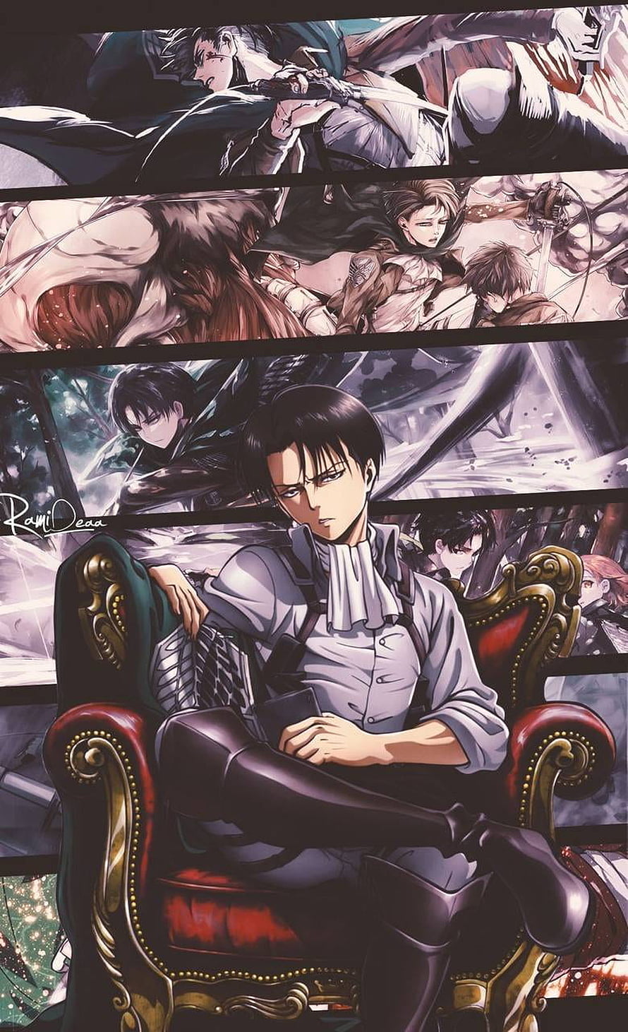 Levi Ackerman Anime Character Sitting in Ornate Armchair with Attack on Titan Artwork HD phone wallpaper