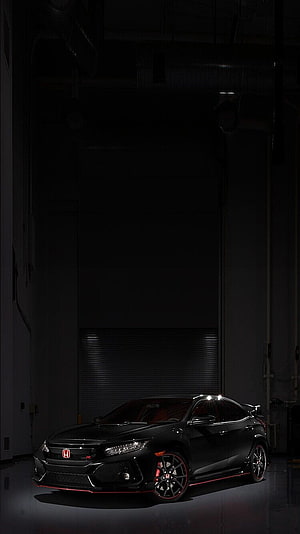 Black Honda Civic Type R with Red Accents in Dark Industrial Garage Setting HD phone wallpaper