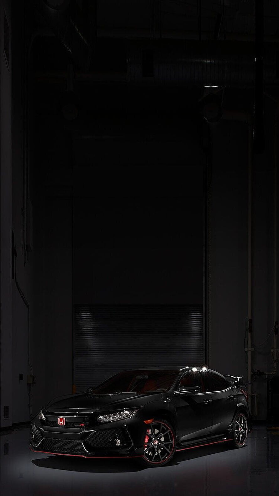 Black Honda Civic Type R with Red Accents in Dark Industrial Garage Setting HD phone wallpaper