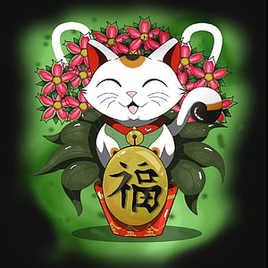 Maneki Neko Lucky Cat with Gold Coin and Pink Flowers in Red Pot HD phone wallpaper
