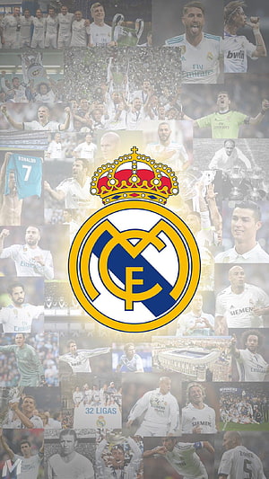 Real Madrid Club Crest Over Historic Player Photo Collage HD phone wallpaper