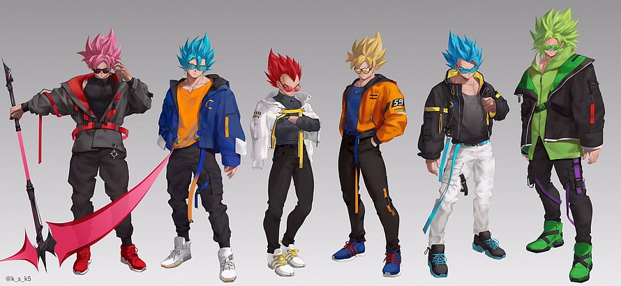 Six Stylized Goku Character Designs in Modern Streetwear Fashion HD wallpaper