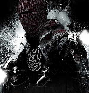 Armed Combatant in Red and White Headscarf Firing Dual Pistols in Dark Action Scene HD phone wallpaper