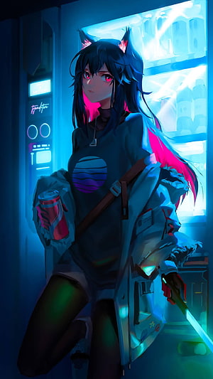 Texas from Arknights in a neon-lit cyberpunk alley holding a glowing blade and energy drink HD phone wallpaper