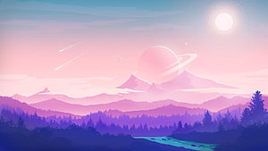 Pastel Fantasy Landscape with Ringed Planet, Shooting Stars, and Purple Forest Silhouettes HD wallpaper