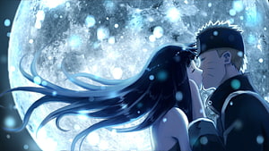 Naruto Uzumaki and Hinata Sharing a Tender Kiss Under a Glowing Full Moon HD wallpaper