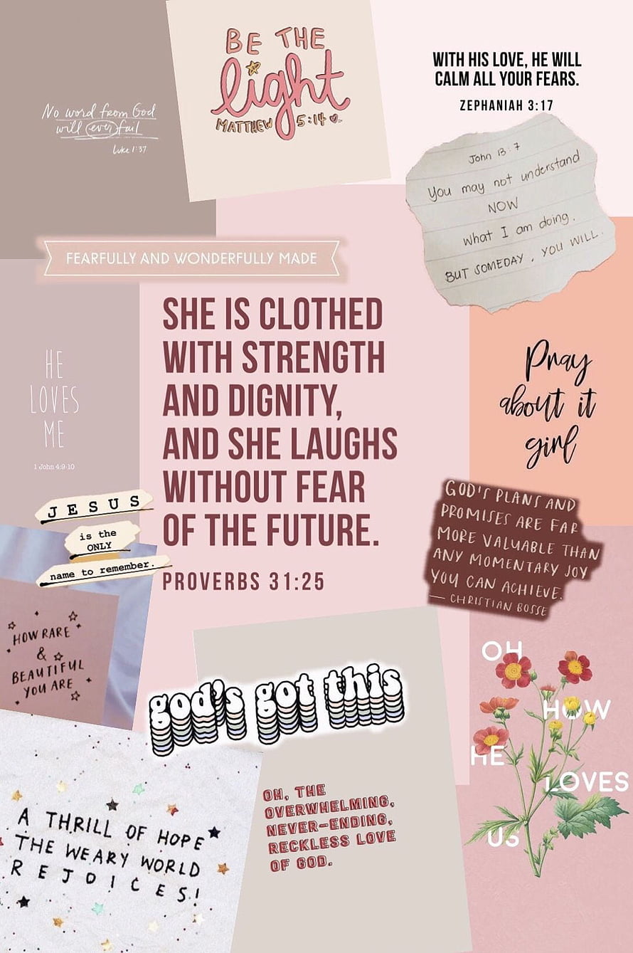 Pink Christian Bible Verse Collage with Inspirational Quotes and Floral Accents HD phone wallpaper