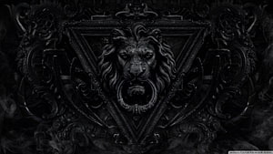 Dark Gothic Lion Emblem with Ornate Baroque Frame and Smoke HD wallpaper