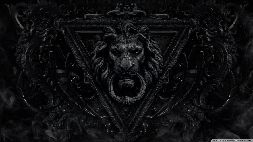 Dark Gothic Lion Emblem with Ornate Baroque Frame and Smoke HD wallpaper