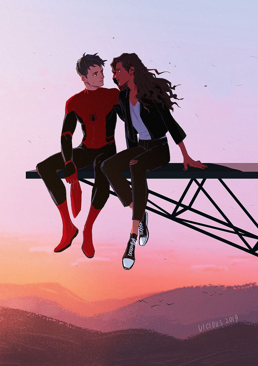 Spider-Man and Michelle Jones Sitting on a Bridge at Sunset HD phone wallpaper
