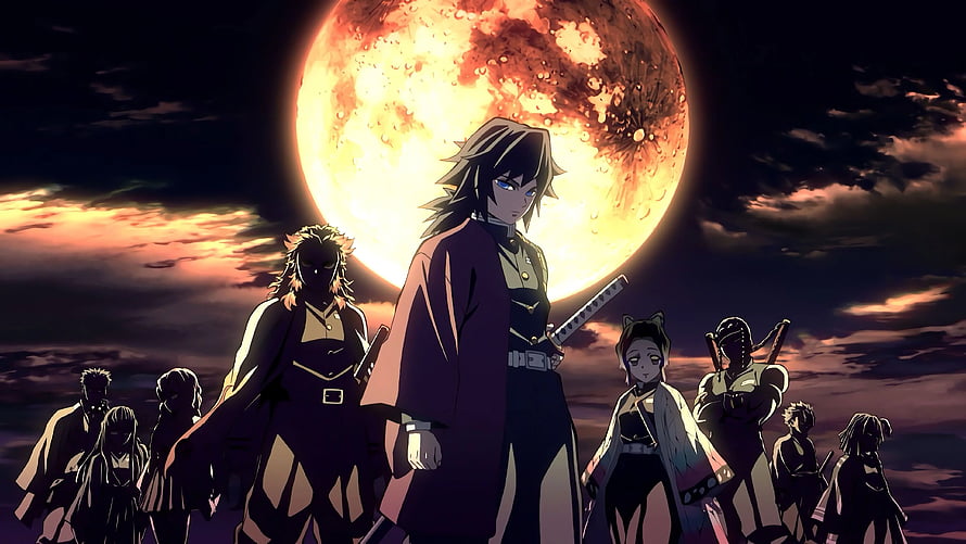 Demon Slayer Kimetsu no Yaiba Hashira Squad Under a Fiery Blood Moon HD wallpaper