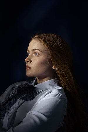 Sadie Sink Dramatic Profile Portrait in White Shirt and Black Scarf HD phone wallpaper
