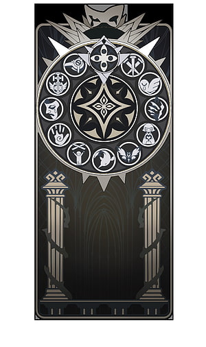 Genshin Impact Fatui Harbingers Emblem with Ornate Pillars and Dark Gothic Architecture HD phone wallpaper