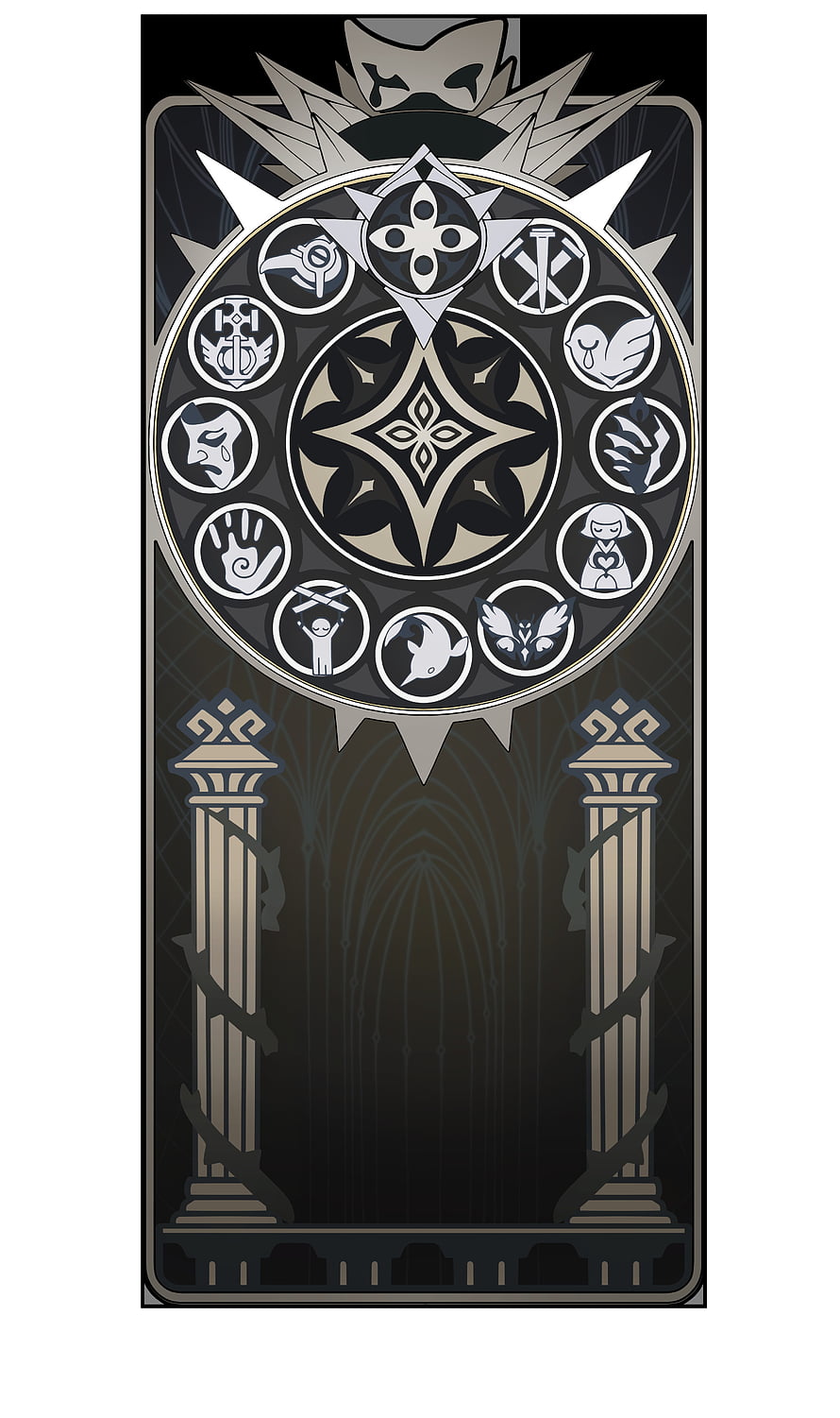 Genshin Impact Fatui Harbingers Emblem with Ornate Pillars and Dark Gothic Architecture HD phone wallpaper