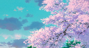 Studio Ghibli Aesthetic Cherry Blossom Tree Under Turquoise Sky HD wallpaper
