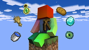 Minecraft One Block Skyblock: Steve Sitting on a Floating Dirt Block with Floating Items HD wallpaper