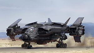 Futuristic Military Transport Aircraft Landing on Desert Runway Digital Art HD wallpaper