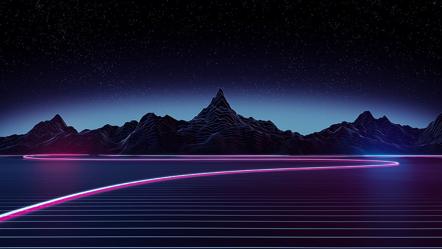 Retro Synthwave Night Landscape with Neon Grid and Mountain Silhouettes HD wallpaper