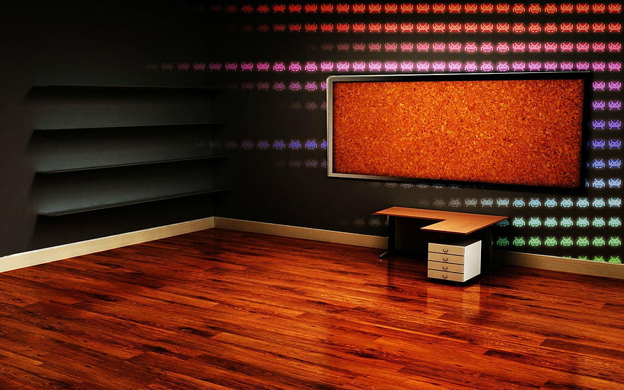 Modern Home Office with Retro Space Invaders Wall Art and Warm Wood Flooring HD wallpaper