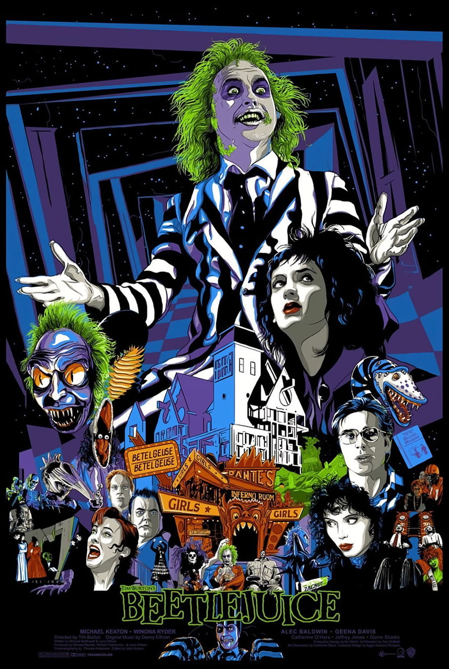 Beetlejuice Movie Poster Artwork Featuring Michael Keaton and Winona Ryder in Stylized Comic Design HD phone wallpaper