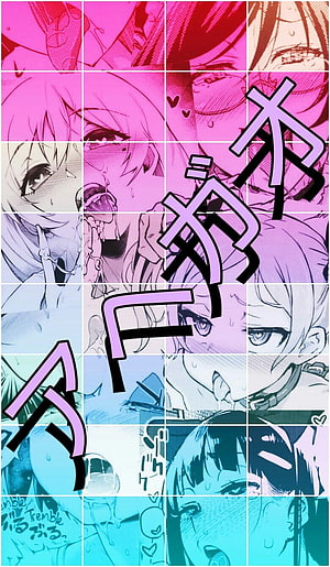 Vibrant Anime Ahegao Grid Collage with Japanese Katakana Overlay HD phone wallpaper