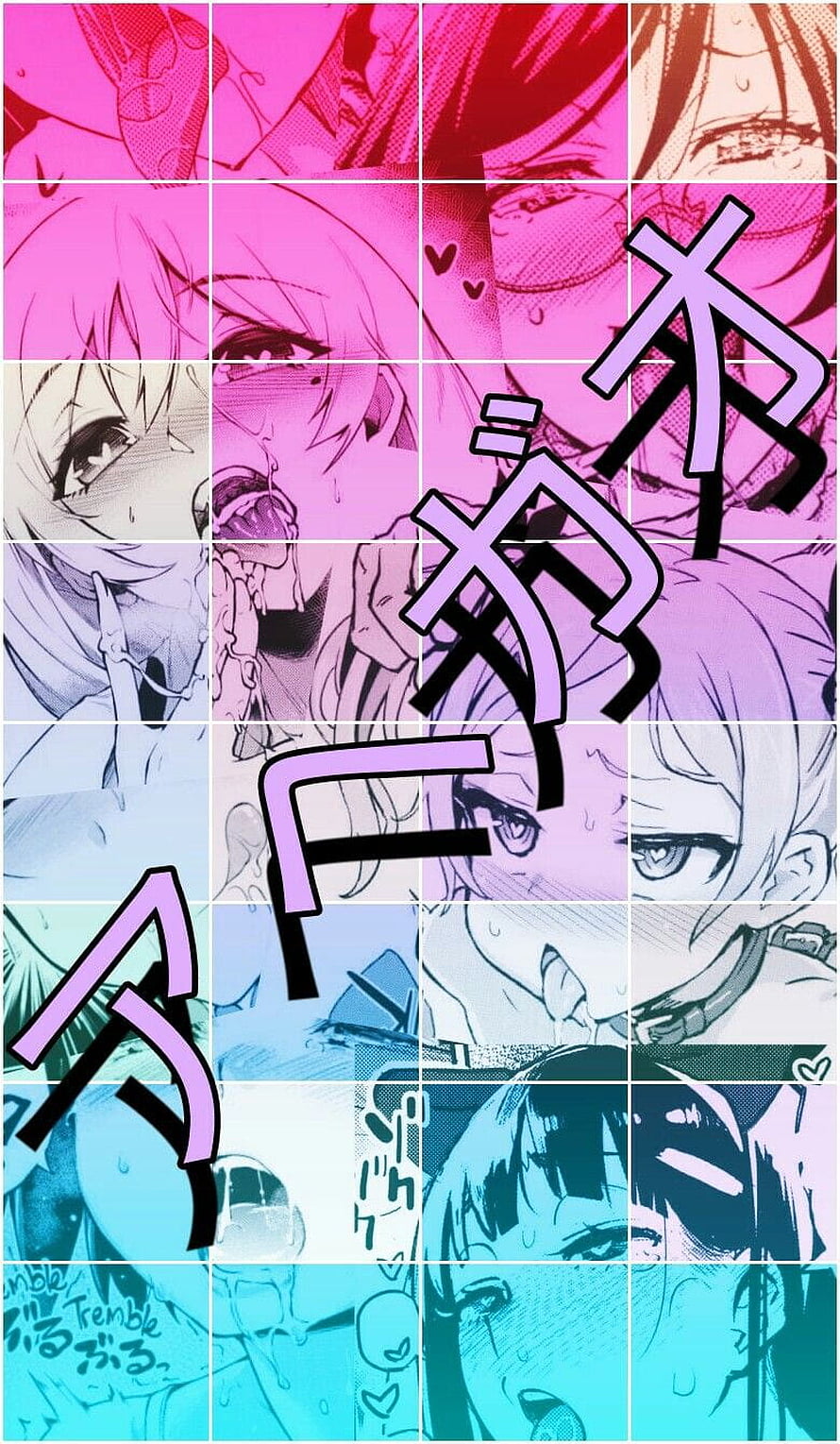 Vibrant Anime Ahegao Grid Collage with Japanese Katakana Overlay HD phone wallpaper