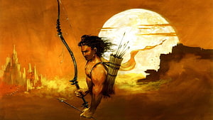 Lord Rama Archery Concept Art With Bow And Quiver Under A Giant Moon HD wallpaper
