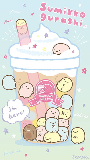 Sumikko Gurashi Characters in a Cute Tapioca Milk Tea Cup Illustration HD phone wallpaper