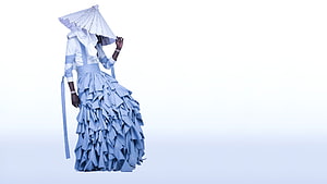 Elegant Blue Ruffled Gown with Paper Parasol in Minimalist Studio Setting HD wallpaper