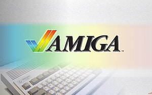 Commodore Amiga A1200 Keyboard and Classic Logo on Soft Gradient Background HD wallpaper