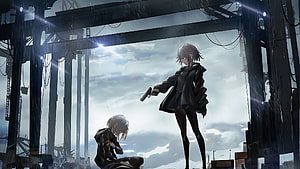 Anime Girl Holding Gun Over Crouching Figure in Rainy Industrial Ruins HD wallpaper