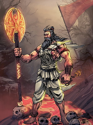 Lord Parshuram warrior illustration with glowing axe and skull battlefield HD phone wallpaper