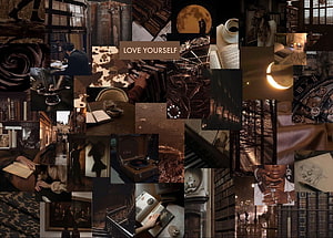 Brown Aesthetic Mood Board Collage Featuring Books, Coffee, and Vintage Textures HD wallpaper