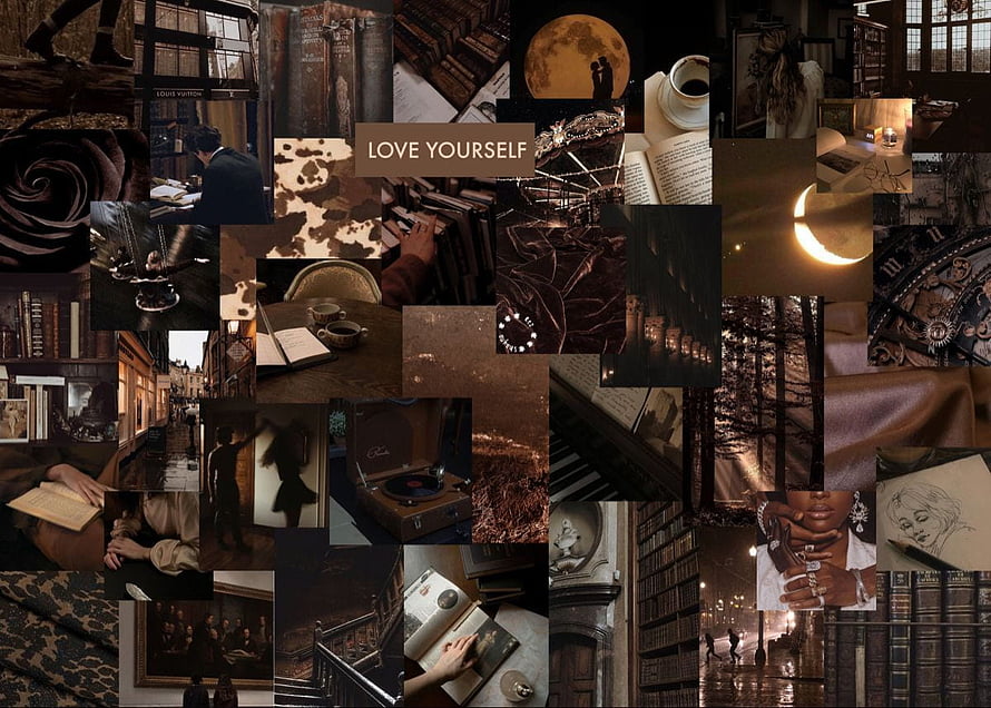 Brown Aesthetic Mood Board Collage Featuring Books, Coffee, and Vintage Textures HD wallpaper