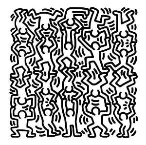 Keith Haring Black and White Doodle Pattern with Dancing Figures HD wallpaper