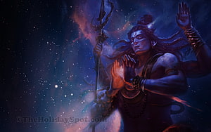 Lord Shiva Digital Art with Trishula and Cosmic Nebula Background HD wallpaper