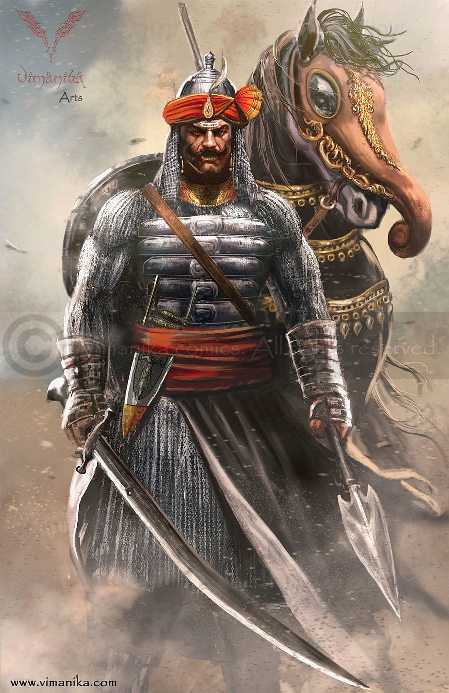 Maharana Pratap on Horseback in Full Battle Armor with Sword and Lance HD phone wallpaper
