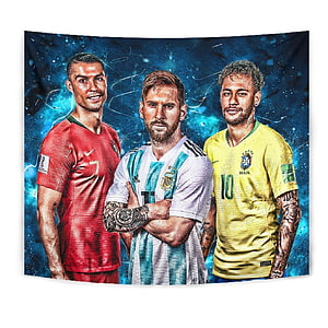 Cristiano Ronaldo, Lionel Messi, and Neymar Soccer Tapestry with Blue Cosmic Background HD phone wallpaper