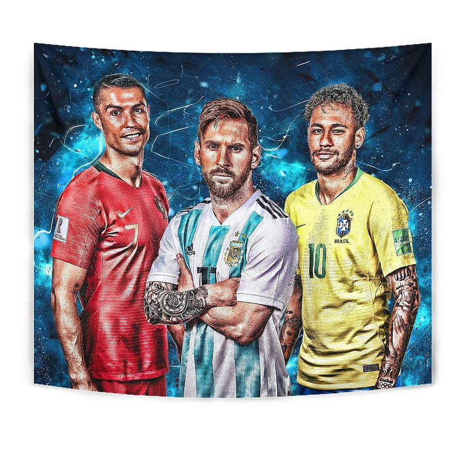Cristiano Ronaldo, Lionel Messi, and Neymar Soccer Tapestry with Blue Cosmic Background HD phone wallpaper