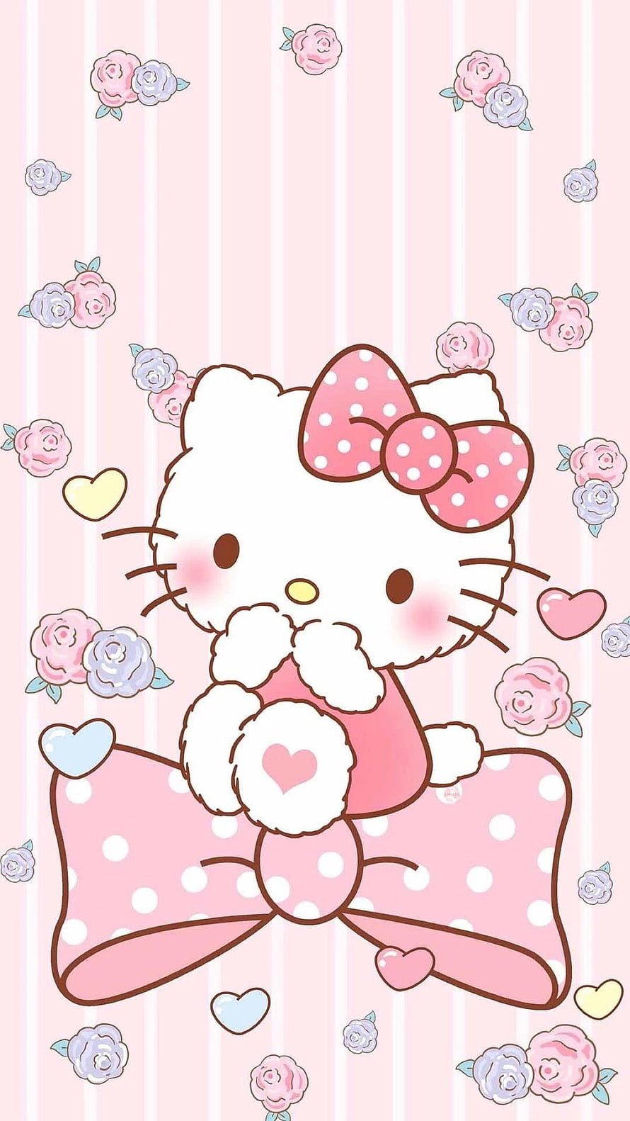 Hello Kitty Kawaii Valentine Illustration with Pink Polka Dot Bow and Floral Hearts HD phone wallpaper
